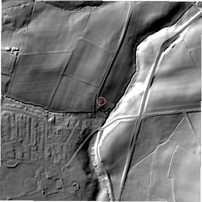 Shaded relief map of the ground around LS178LF, computed from Environment Agency LiDAR. The ground here sits at about 113 m above sea level and falls 38 m across the surrounding 800 m. Surface water reaching this point runs off ground lying to the west-north-west, 6.4 m higher.