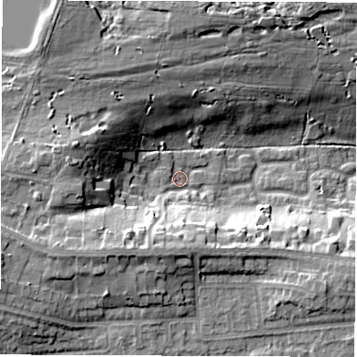 Shaded relief map of the ground around LS178SG, computed from Environment Agency LiDAR. The ground here sits at about 144 m above sea level and falls 18 m across the surrounding 800 m. Surface water reaching this point runs off ground lying to the south-west, 13.5 m higher.
