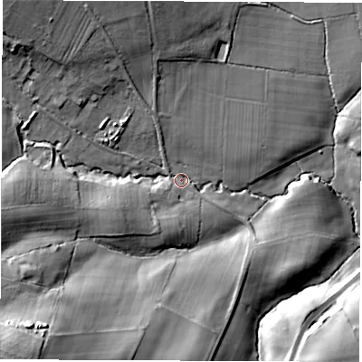 Shaded relief map of the ground around LS178SL, computed from Environment Agency LiDAR. The ground here sits at about 107 m above sea level and falls 34 m across the surrounding 800 m. Surface water reaching this point runs off ground lying to the north-west, 24.3 m higher.