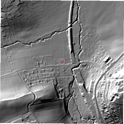 Shaded relief map of the ground around LS179AD, computed from Environment Agency LiDAR. The ground here sits at about 40 m above sea level and falls 49 m across the surrounding 800 m. Surface water reaching this point runs off ground lying to the west-south-west, 2.6 m higher.