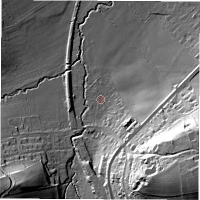 Shaded relief map of the ground around LS179AE, computed from Environment Agency LiDAR. The ground here sits at about 39 m above sea level and falls 54 m across the surrounding 800 m. Surface water reaching this point runs off ground lying to the south-east, 15.2 m higher.