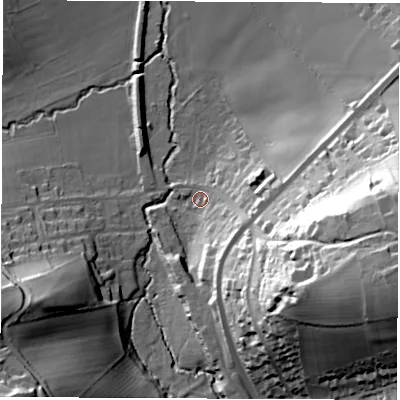 Shaded relief map of the ground around LS179AG, computed from Environment Agency LiDAR. The ground here sits at about 41 m above sea level and falls 54 m across the surrounding 800 m. Surface water reaching this point runs off ground lying to the east-south-east, 48.4 m higher.