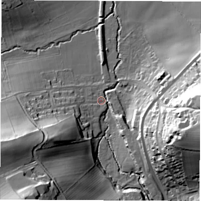 Shaded relief map of the ground around LS179AP, computed from Environment Agency LiDAR. The ground here sits at about 41 m above sea level and falls 55 m across the surrounding 800 m. Surface water reaching this point runs off ground lying to the south-west, 51.2 m higher.
