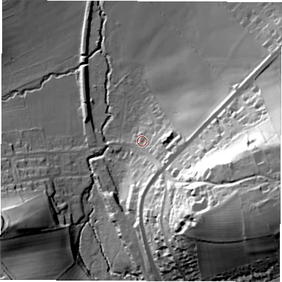 Shaded relief map of the ground around LS179AQ, computed from Environment Agency LiDAR. The ground here sits at about 43 m above sea level and falls 54 m across the surrounding 800 m. Surface water reaching this point runs off ground lying to the east-south-east, 13.3 m higher.