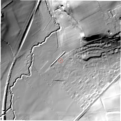 Shaded relief map of the ground around LS179BJ, computed from Environment Agency LiDAR. The ground here sits at about 36 m above sea level and falls 42 m across the surrounding 800 m. Surface water reaching this point runs off ground lying to the north-east, 33.6 m higher.