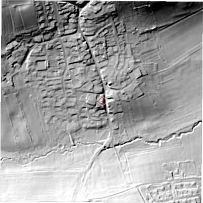 Shaded relief map of the ground around LS179DB, computed from Environment Agency LiDAR. The ground here sits at about 50 m above sea level and falls 48 m across the surrounding 800 m. Surface water reaching this point runs off ground lying to the north-west, 35.0 m higher.