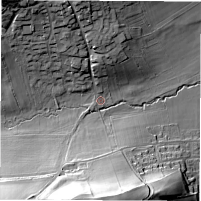 Shaded relief map of the ground around LS179DD, computed from Environment Agency LiDAR. The ground here sits at about 42 m above sea level and falls 48 m across the surrounding 800 m. Surface water reaching this point runs off ground lying to the south-south-west, 43.2 m higher.