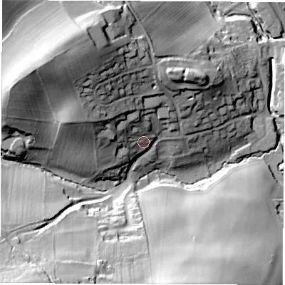 Shaded relief map of the ground around LS179DN, computed from Environment Agency LiDAR. The ground here sits at about 61 m above sea level and falls 59 m across the surrounding 800 m. Surface water reaching this point runs off ground lying to the north-west, 31.1 m higher.