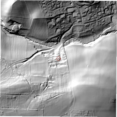 Shaded relief map of the ground around LS179DW, computed from Environment Agency LiDAR. The ground here sits at about 66 m above sea level and falls 59 m across the surrounding 800 m. Surface water reaching this point runs off ground lying to the west-south-west, 42.7 m higher.