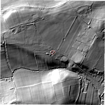 Shaded relief map of the ground around LS179JH, computed from Environment Agency LiDAR. The ground here sits at about 134 m above sea level and falls 38 m across the surrounding 800 m. Surface water reaching this point runs off ground lying to the north-west, 14.9 m higher.
