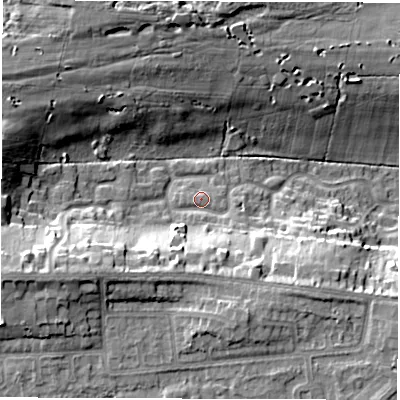 Shaded relief map of the ground around LS179NN, computed from Environment Agency LiDAR. The ground here sits at about 144 m above sea level and falls 21 m across the surrounding 800 m. Surface water reaching this point runs off ground lying to the south-west, 12.7 m higher.
