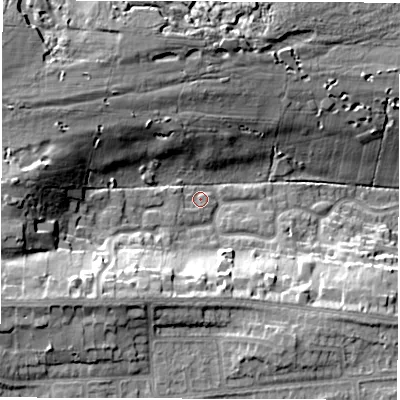 Shaded relief map of the ground around LS179NT, computed from Environment Agency LiDAR. The ground here sits at about 143 m above sea level and falls 20 m across the surrounding 800 m. Surface water reaching this point runs off ground lying to the west-south-west, 1.6 m higher.