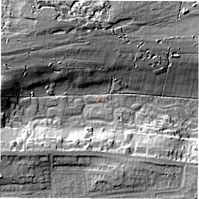 Shaded relief map of the ground around LS179NU, computed from Environment Agency LiDAR. The ground here sits at about 143 m above sea level and falls 21 m across the surrounding 800 m. Surface water reaching this point runs off ground lying to the west-south-west, 15.4 m higher.