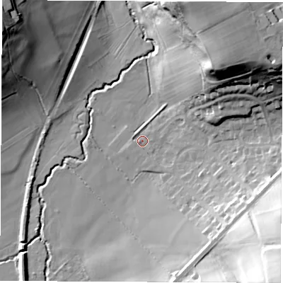 Shaded relief map of the ground around LS179PE, computed from Environment Agency LiDAR. The ground here sits at about 36 m above sea level and falls 43 m across the surrounding 800 m. Surface water reaching this point runs off ground lying to the north-east, 33.6 m higher.