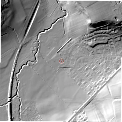 Shaded relief map of the ground around LS179PG, computed from Environment Agency LiDAR. The ground here sits at about 36 m above sea level and falls 46 m across the surrounding 800 m. Surface water reaching this point runs off ground lying to the east-south-east, 14.1 m higher.