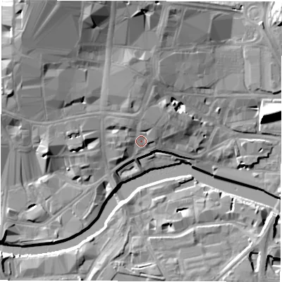 Shaded relief map of the ground around LS17BT, computed from Environment Agency LiDAR. The ground here sits at about 32 m above sea level and falls 24 m across the surrounding 800 m. Surface water reaching this point runs off ground lying to the north, 4.3 m higher.