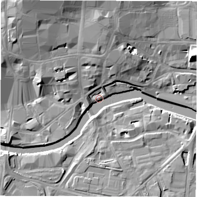 Shaded relief map of the ground around LS17BU, computed from Environment Agency LiDAR. The ground here sits at about 26 m above sea level and falls 20 m across the surrounding 800 m. Surface water reaching this point runs off ground lying to the north, 14.5 m higher.