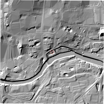 Shaded relief map of the ground around LS17BW, computed from Environment Agency LiDAR. The ground here sits at about 26 m above sea level and falls 21 m across the surrounding 800 m. Surface water reaching this point runs off ground lying to the north, 6.7 m higher.