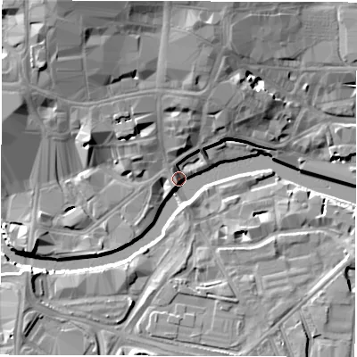 Shaded relief map of the ground around LS17HG, computed from Environment Agency LiDAR. The ground here sits at about 27 m above sea level and falls 19 m across the surrounding 800 m. Surface water reaching this point runs off ground lying to the north, 14.0 m higher.