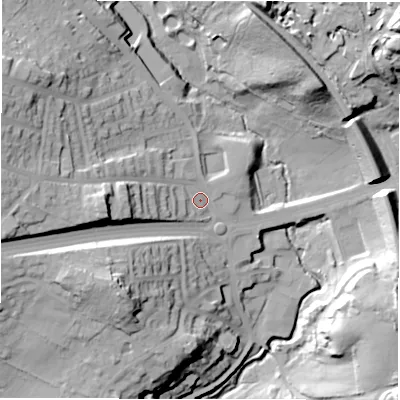 Shaded relief map of the ground around LS184DD, computed from Environment Agency LiDAR. The ground here sits at about 82 m above sea level and falls 45 m across the surrounding 800 m. Surface water reaching this point runs off ground lying to the west, 27.3 m higher.