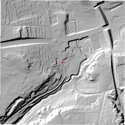 Shaded relief map of the ground around LS184DF, computed from Environment Agency LiDAR. The ground here sits at about 76 m above sea level and falls 50 m across the surrounding 800 m. Surface water reaching this point runs off ground lying to the west, 30.8 m higher.