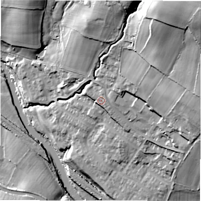 Shaded relief map of the ground around LS184FN, computed from Environment Agency LiDAR. The ground here sits at about 63 m above sea level and falls 65 m across the surrounding 800 m. Surface water reaching this point runs off ground lying to the north-east, 44.1 m higher.