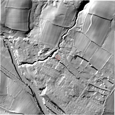 Shaded relief map of the ground around LS184FP, computed from Environment Agency LiDAR. The ground here sits at about 62 m above sea level and falls 64 m across the surrounding 800 m. Surface water reaching this point runs off ground lying to the east-north-east, 7.3 m higher.