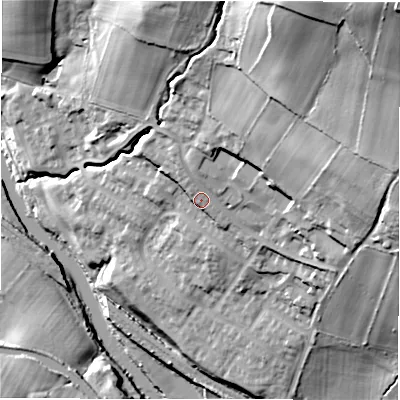 Shaded relief map of the ground around LS184FQ, computed from Environment Agency LiDAR. The ground here sits at about 62 m above sea level and falls 66 m across the surrounding 800 m. Surface water reaching this point runs off ground lying to the north-east, 46.1 m higher.