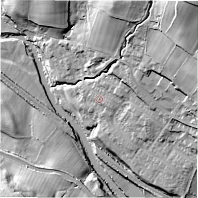 Shaded relief map of the ground around LS184FZ, computed from Environment Agency LiDAR. The ground here sits at about 55 m above sea level and falls 57 m across the surrounding 800 m. Surface water reaching this point runs off ground lying to the east-north-east, 4.9 m higher.