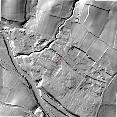 Shaded relief map of the ground around LS184GD, computed from Environment Agency LiDAR. The ground here sits at about 59 m above sea level and falls 63 m across the surrounding 800 m. Surface water reaching this point runs off ground lying to the north-north-east, 5.4 m higher.
