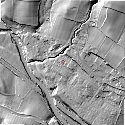 Shaded relief map of the ground around LS184GL, computed from Environment Agency LiDAR. The ground here sits at about 57 m above sea level and falls 60 m across the surrounding 800 m. Surface water reaching this point runs off ground lying to the east-north-east, 7.3 m higher.