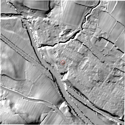 Shaded relief map of the ground around LS184GP, computed from Environment Agency LiDAR. The ground here sits at about 53 m above sea level and falls 50 m across the surrounding 800 m. Surface water reaching this point runs off ground lying to the east-north-east, 4.6 m higher.
