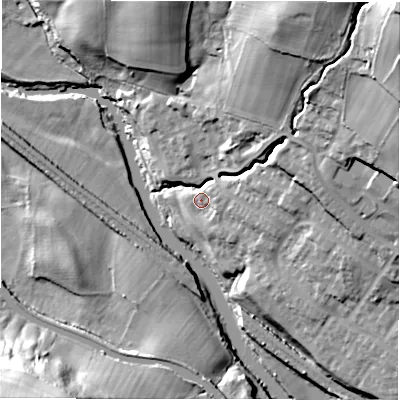 Shaded relief map of the ground around LS184GQ, computed from Environment Agency LiDAR. The ground here sits at about 52 m above sea level and falls 51 m across the surrounding 800 m. Surface water reaching this point runs off ground lying to the east-north-east, 8.8 m higher.