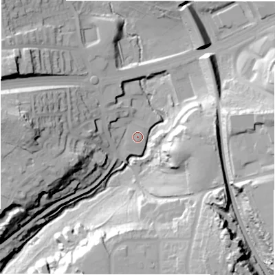 Shaded relief map of the ground around LS184GS, computed from Environment Agency LiDAR. The ground here sits at about 74 m above sea level and falls 51 m across the surrounding 800 m. Surface water reaching this point runs off ground lying to the north-north-west, 0.8 m higher.