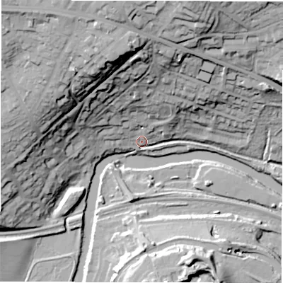 Shaded relief map of the ground around LS184HJ, computed from Environment Agency LiDAR. The ground here sits at about 43 m above sea level and falls 58 m across the surrounding 800 m. Surface water reaching this point runs off ground lying to the north, 42.5 m higher.