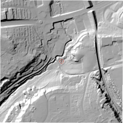 Shaded relief map of the ground around LS184HN, computed from Environment Agency LiDAR. The ground here sits at about 72 m above sea level and falls 50 m across the surrounding 800 m. Surface water reaching this point runs off ground lying to the south-east, 36.8 m higher.