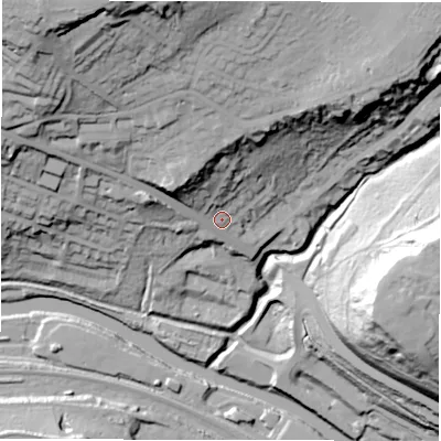 Shaded relief map of the ground around LS184JQ, computed from Environment Agency LiDAR. The ground here sits at about 57 m above sea level and falls 70 m across the surrounding 800 m. Surface water reaching this point runs off ground lying to the north-north-west, 20.7 m higher.