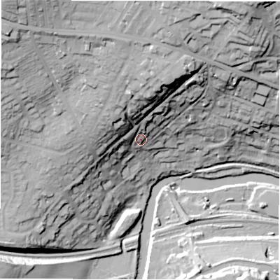 Shaded relief map of the ground around LS184LE, computed from Environment Agency LiDAR. The ground here sits at about 58 m above sea level and falls 67 m across the surrounding 800 m. Surface water reaching this point runs off ground lying to the north, 35.4 m higher.