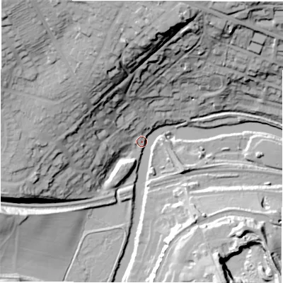 Shaded relief map of the ground around LS184LP, computed from Environment Agency LiDAR. The ground here sits at about 41 m above sea level and falls 54 m across the surrounding 800 m. Surface water reaching this point runs off ground lying to the north-west, 52.5 m higher.