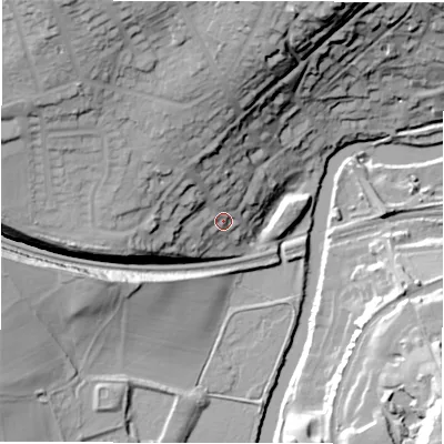 Shaded relief map of the ground around LS184LQ, computed from Environment Agency LiDAR. The ground here sits at about 51 m above sea level and falls 50 m across the surrounding 800 m. Surface water reaching this point runs off ground lying to the north-west, 17.6 m higher.