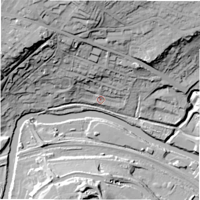 Shaded relief map of the ground around LS184SL, computed from Environment Agency LiDAR. The ground here sits at about 44 m above sea level and falls 60 m across the surrounding 800 m. Surface water reaching this point runs off ground lying to the north-north-west, 31.1 m higher.