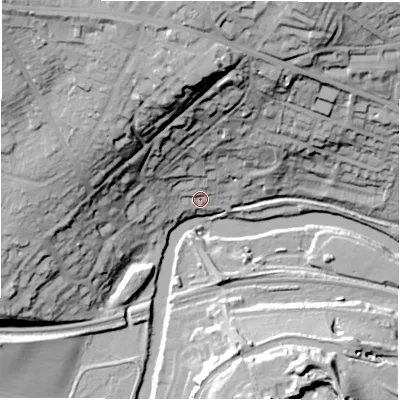 Shaded relief map of the ground around LS184TA, computed from Environment Agency LiDAR. The ground here sits at about 44 m above sea level and falls 58 m across the surrounding 800 m. Surface water reaching this point runs off ground lying to the north, 45.1 m higher.