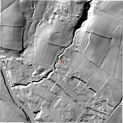 Shaded relief map of the ground around LS184TP, computed from Environment Agency LiDAR. The ground here sits at about 68 m above sea level and falls 72 m across the surrounding 800 m. Surface water reaching this point runs off ground lying to the north-east, 50.3 m higher.