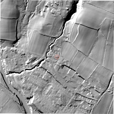 Shaded relief map of the ground around LS184TS, computed from Environment Agency LiDAR. The ground here sits at about 68 m above sea level and falls 72 m across the surrounding 800 m. Surface water reaching this point runs off ground lying to the north-east, 41.7 m higher.