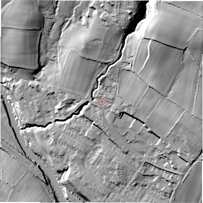 Shaded relief map of the ground around LS184TU, computed from Environment Agency LiDAR. The ground here sits at about 65 m above sea level and falls 68 m across the surrounding 800 m. Surface water reaching this point runs off ground lying to the north-east, 43.0 m higher.