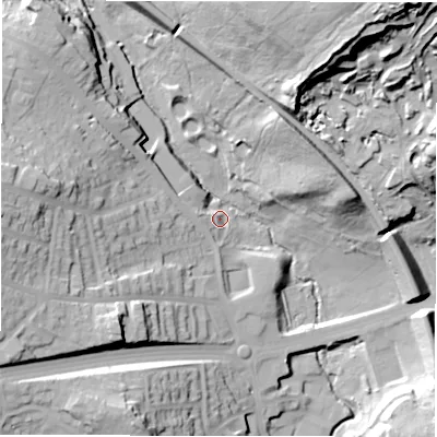 Shaded relief map of the ground around LS185DH, computed from Environment Agency LiDAR. The ground here sits at about 81 m above sea level and falls 61 m across the surrounding 800 m. Surface water reaching this point runs off ground lying to the west, 38.1 m higher.
