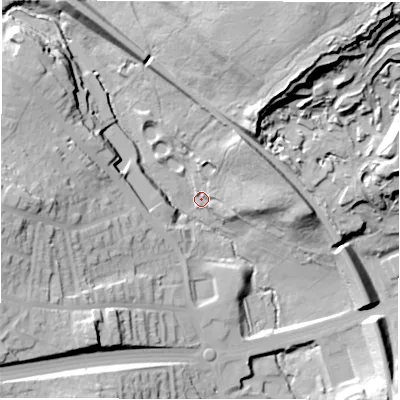 Shaded relief map of the ground around LS185DJ, computed from Environment Agency LiDAR. The ground here sits at about 80 m above sea level and falls 70 m across the surrounding 800 m. Surface water reaching this point runs off ground lying to the north-north-east, 56.6 m higher.