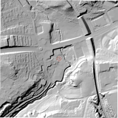 Shaded relief map of the ground around LS185FB, computed from Environment Agency LiDAR. The ground here sits at about 73 m above sea level and falls 46 m across the surrounding 800 m. Surface water reaching this point runs off ground lying to the west-north-west, 30.7 m higher.