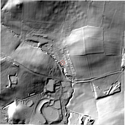 Shaded relief map of the ground around LS185HZ, computed from Environment Agency LiDAR. The ground here sits at about 155 m above sea level and falls 83 m across the surrounding 800 m. Surface water reaching this point runs off ground lying to the east-north-east, 22.3 m higher.