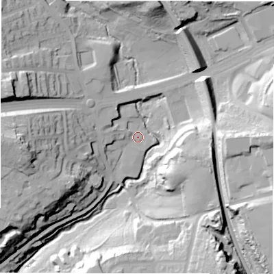 Shaded relief map of the ground around LS185NG, computed from Environment Agency LiDAR. The ground here sits at about 73 m above sea level and falls 48 m across the surrounding 800 m. Surface water reaching this point runs off ground lying to the west-north-west, 30.6 m higher.